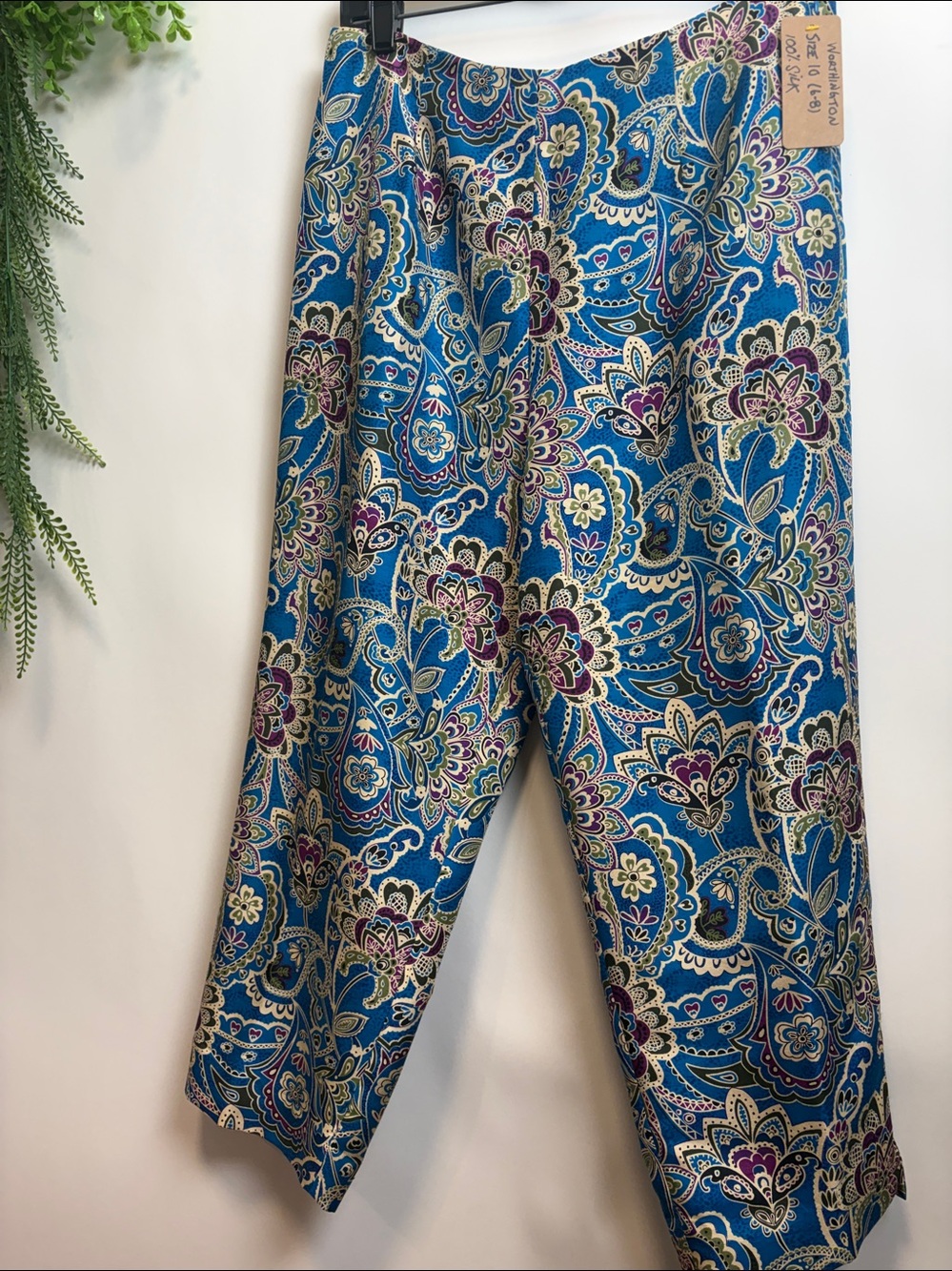 Worthington Blue and Purple SILK Cropped Pants Vibrant Paisley